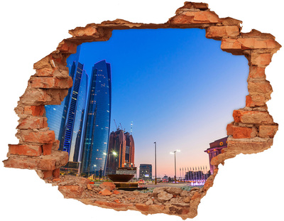 3D wall hole wallpaper Modern city at sunset
