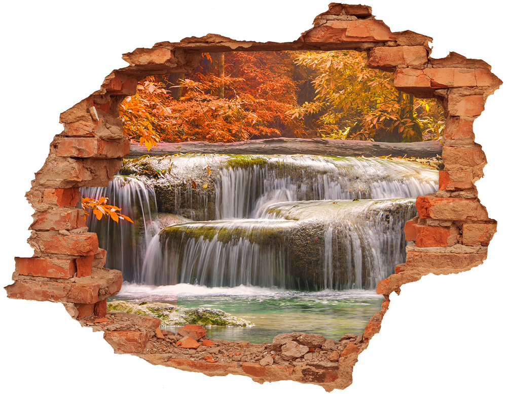 3D wall hole wallpaper Waterfall in autumn