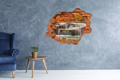 3D wall hole wallpaper Waterfall in autumn scenery