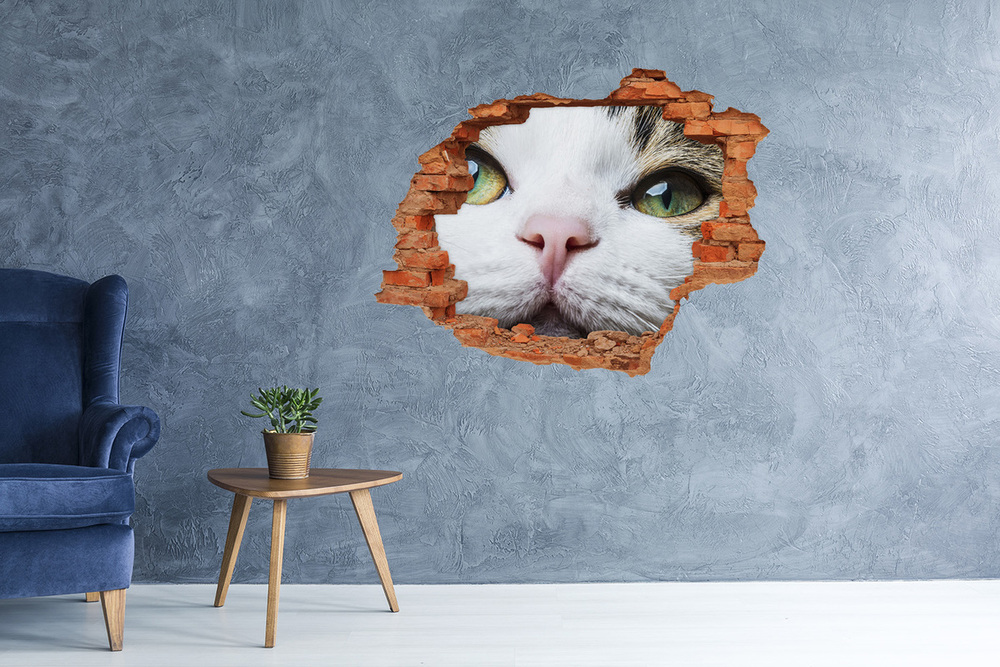 3D wall hole wallpaper Green cat eyes