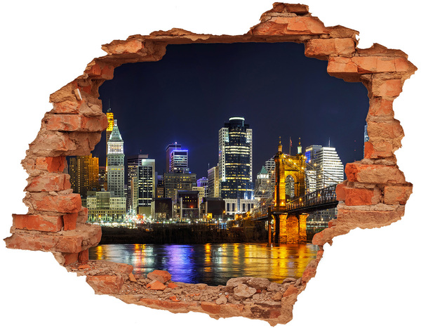 Hole wall sticker Night panorama of the city