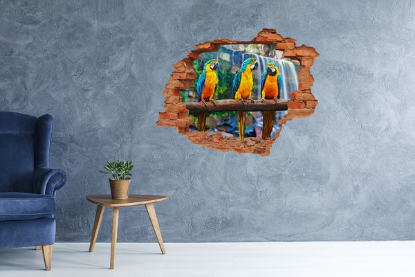 3D wall hole wallpaper Paradise parrots at the waterfall