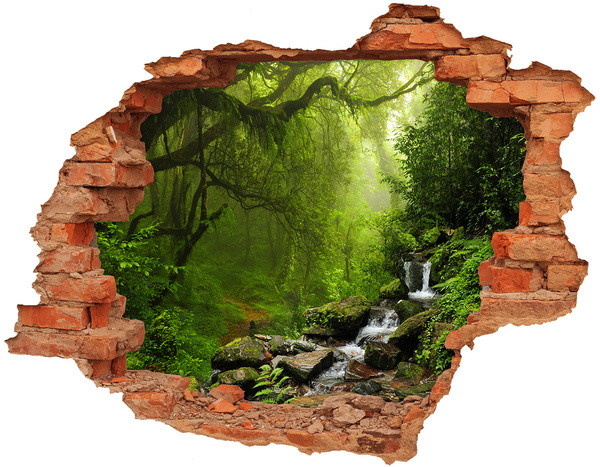 Hole wall sticker Green forest with a waterfall