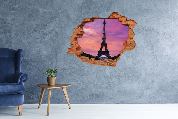 3D wall hole wallpaper The Eiffel Tower at sunset