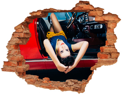 Hole in the wall decal Woman in a classic car