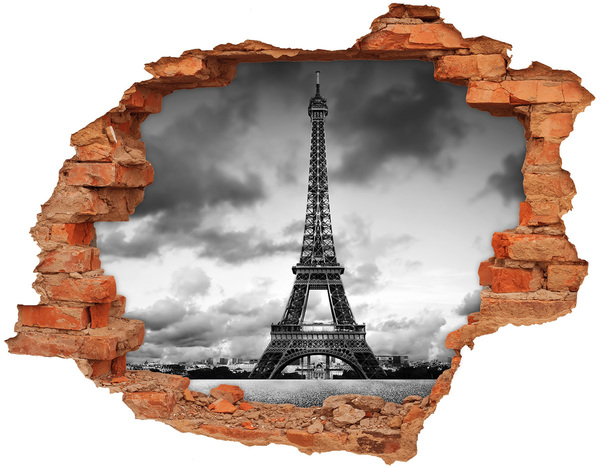 3D wall hole wallpaper The Eiffel Tower in a monochromatic style