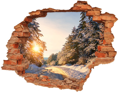 Hole in the wall sticker Road in the forest in winter