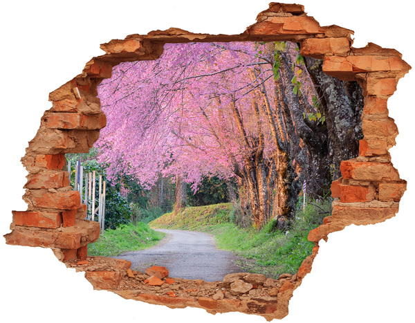 3D wall hole wallpaper A spring walk among the blooming trees