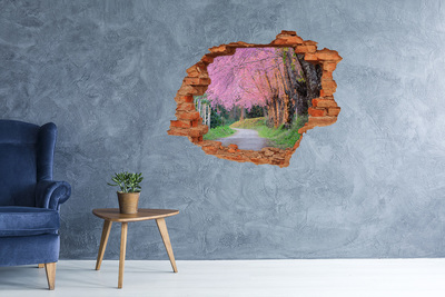 3D wall hole wallpaper A spring walk among the blooming trees