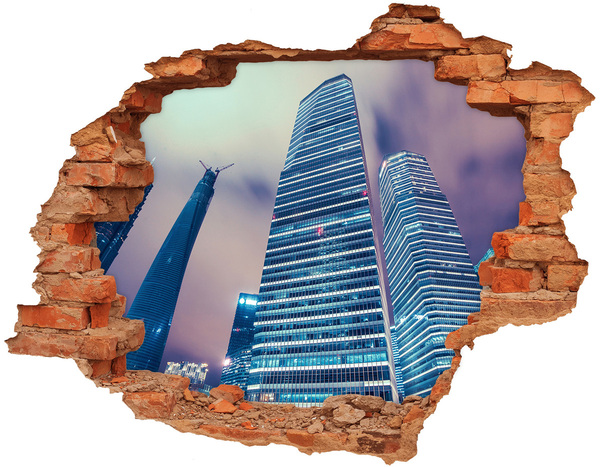 3D wall hole Modern city through a hole in the wall