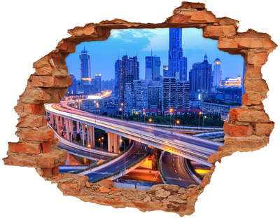 Hole wall sticker Modern city at night