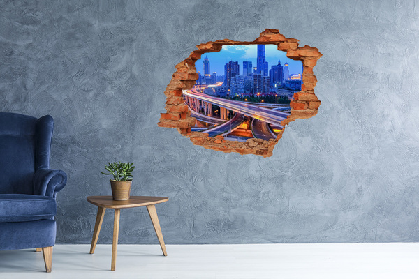 Hole wall sticker Modern city at night