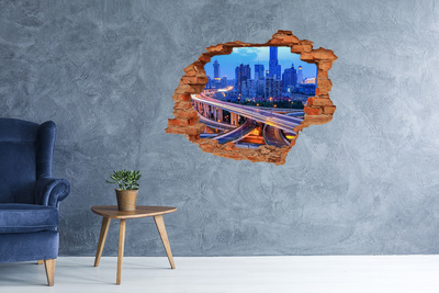 Hole wall sticker Modern city at night
