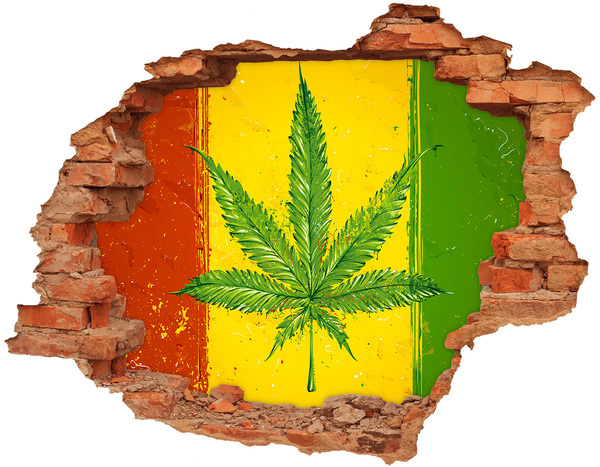 Hole wall sticker Green cannabis leaf on a yellow-red-green background