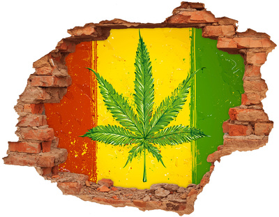 Hole wall sticker Green cannabis leaf on a yellow-red-green background