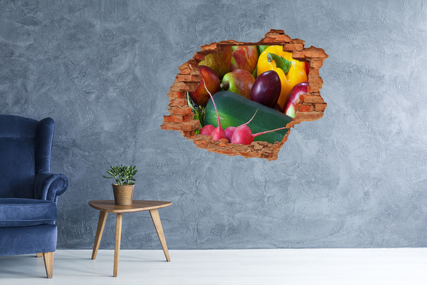 3D wall hole wallpaper Fruit and Vegetables in a Hole in the Wall
