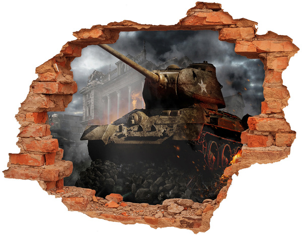 Hole wall sticker Tank in the ruins of the city