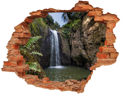 3D wall hole wallpaper Waterfall among the rocks