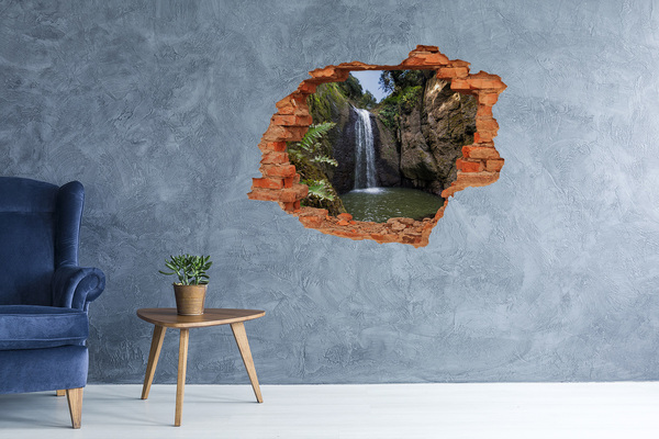 3D wall hole wallpaper Waterfall among the rocks