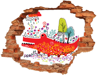 3D wall hole wallpaper Crocodile in a colorful landscape