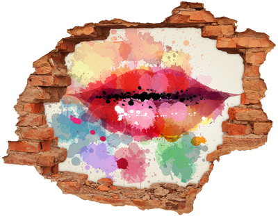 3D wall hole wallpaper Colorful lips against a concrete background
