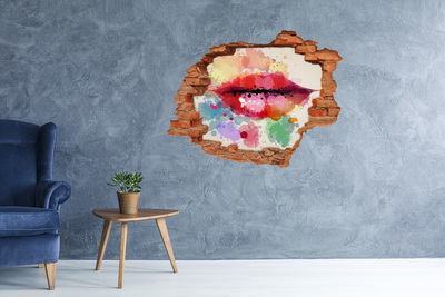 3D wall hole wallpaper Colorful lips against a concrete background