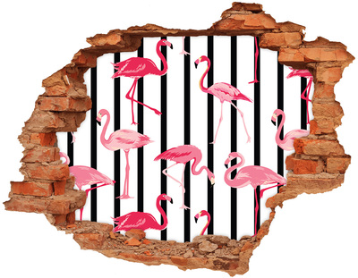 3D wall hole wallpaper Flamingos on a striped background
