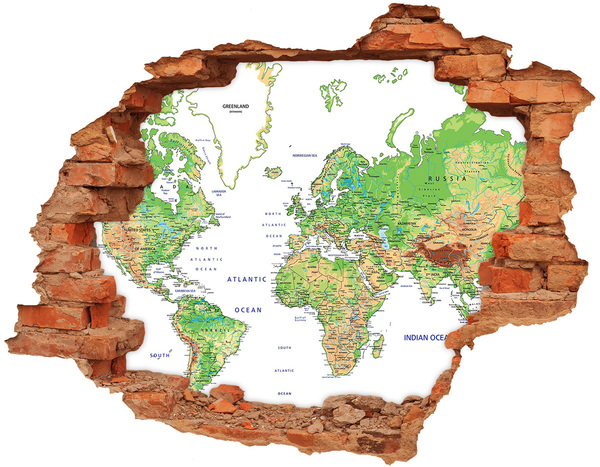 3D wall hole wallpaper World map through a hole in the wall