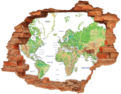 3D wall hole wallpaper World map through a hole in the wall