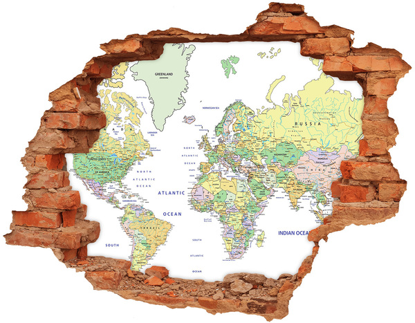 3D wall hole wallpaper World map in a hole in the wall