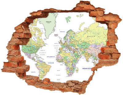3D wall hole wallpaper World map in a hole in the wall