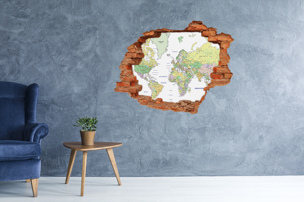 3D wall hole wallpaper World map in a hole in the wall