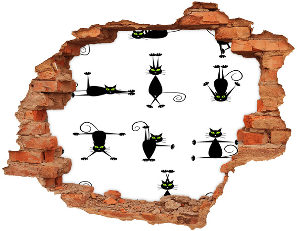 3D wall hole Black cats on a white background