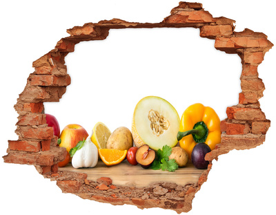 3D wall hole wallpaper Fruit and Vegetables in a Hole in the Wall