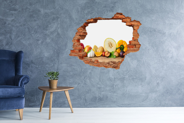 3D wall hole wallpaper Fruit and Vegetables in a Hole in the Wall