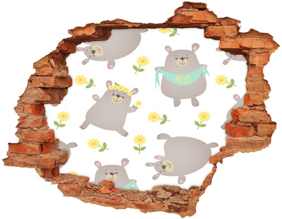 3D wall hole Smiling teddy bears in a floral setting