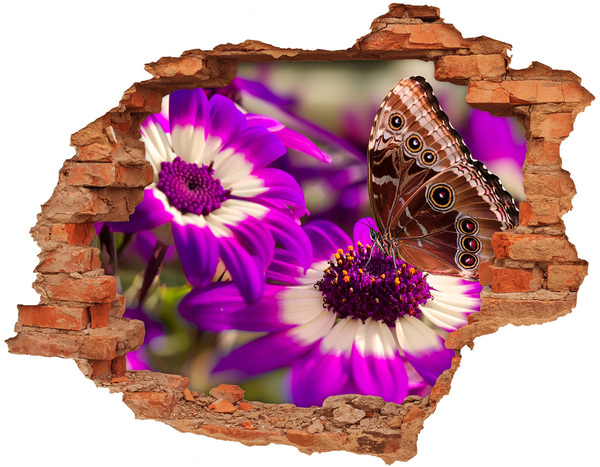 Hole wall sticker Butterfly on flowers in a hole in the wall