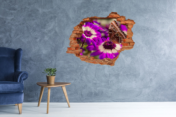 Hole wall sticker Butterfly on flowers in a hole in the wall