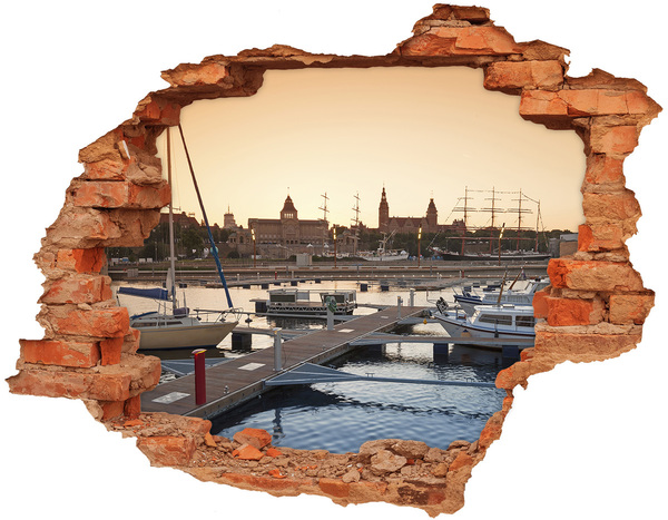 3D wall hole wallpaper The port in the setting sun
