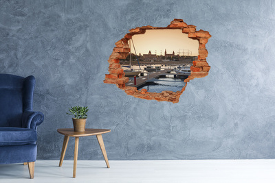 3D wall hole wallpaper The port in the setting sun