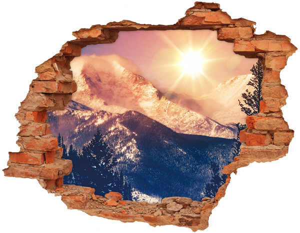 3D wall hole wallpaper Mountain landscape at sunrise