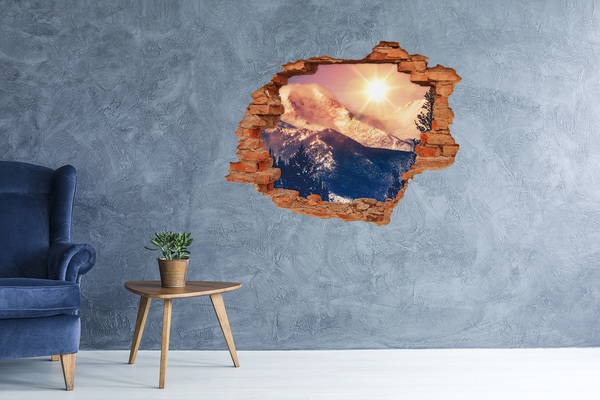 3D wall hole wallpaper Mountain landscape at sunrise