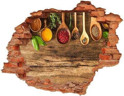 3D wall hole wallpaper Kitchen spices on a wooden countertop