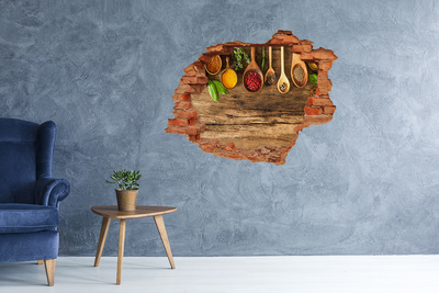 3D wall hole wallpaper Kitchen spices on a wooden countertop