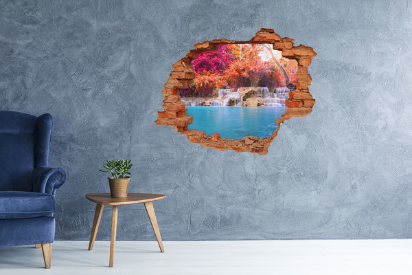 3D wall hole Waterfall among autumn trees