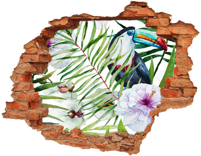 3D wall hole wallpaper Tropical oasis with a bird