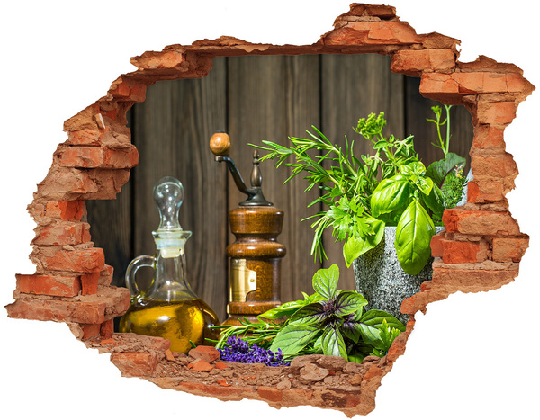 3D wall hole wallpaper Herbs in a mortar