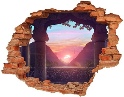 3D wall hole wallpaper Sunset in a mountain valley