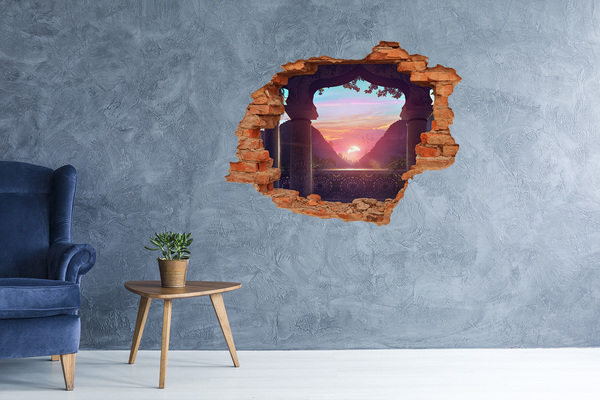 3D wall hole wallpaper Sunset in a mountain valley