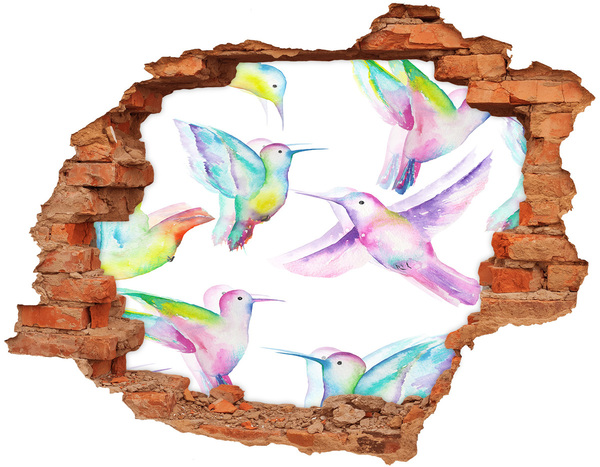 3D wall hole wallpaper Colorful hummingbirds in a hole in the wall